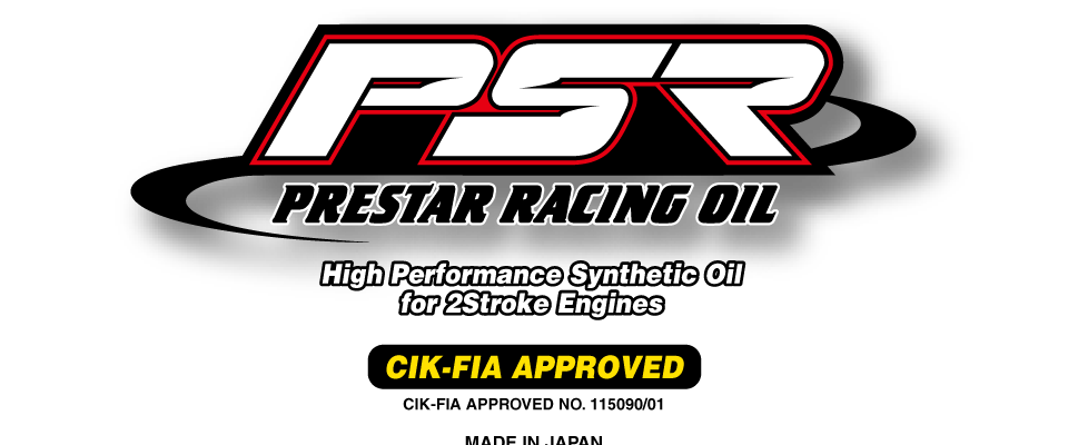 PSR プレスター レーシングオイル、PRESTAR RACING OIL、High Performance Synthetic Oil for 2Stroke Engines、CIK-FIA APPROVED CIK-FIA APPROVED NO. 115090/01、MADE IN JAPAN